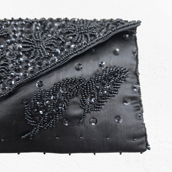 Vintage 50s Black Beaded Satin Evening Clutch Made in Japan Floral Cocktail Bag - Picture 3 of 8